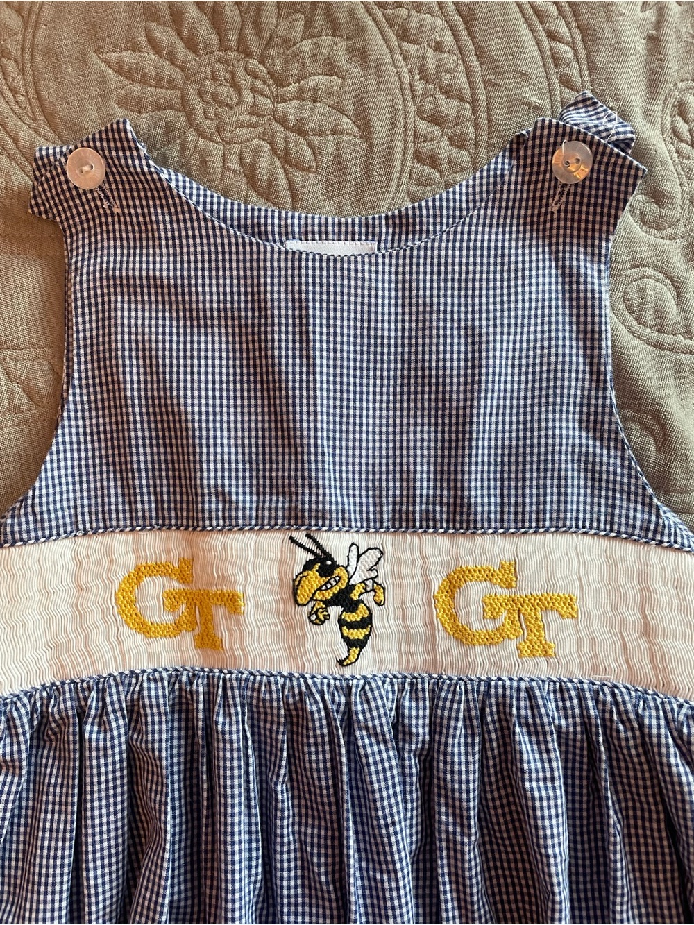 Navy Gingham Smocked Dress with Yellow Bee Embroidery for Kids